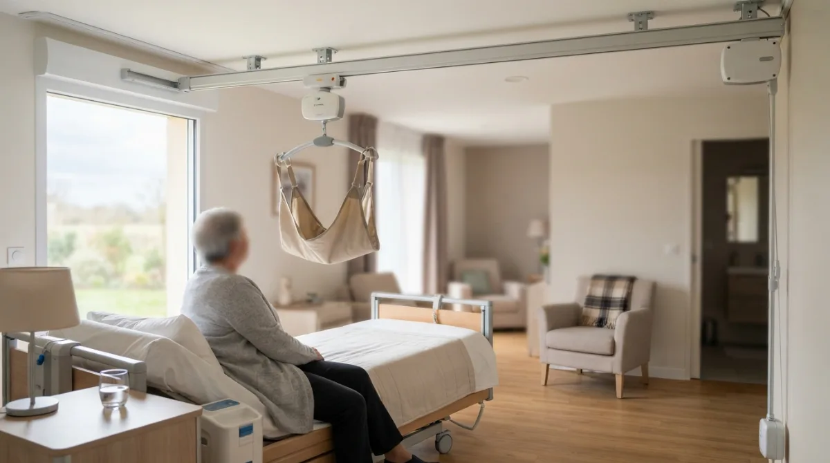 Un lève-personne sur rail fixé au plafond dans une chambre d'EHPAD