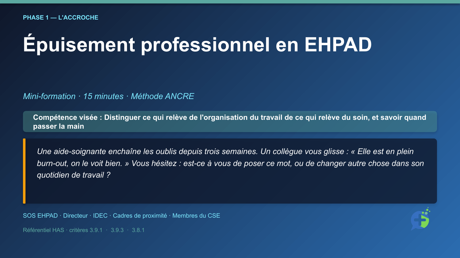 Diapositive d'ouverture de la mini-formation Épuisement professionnel en EHPAD