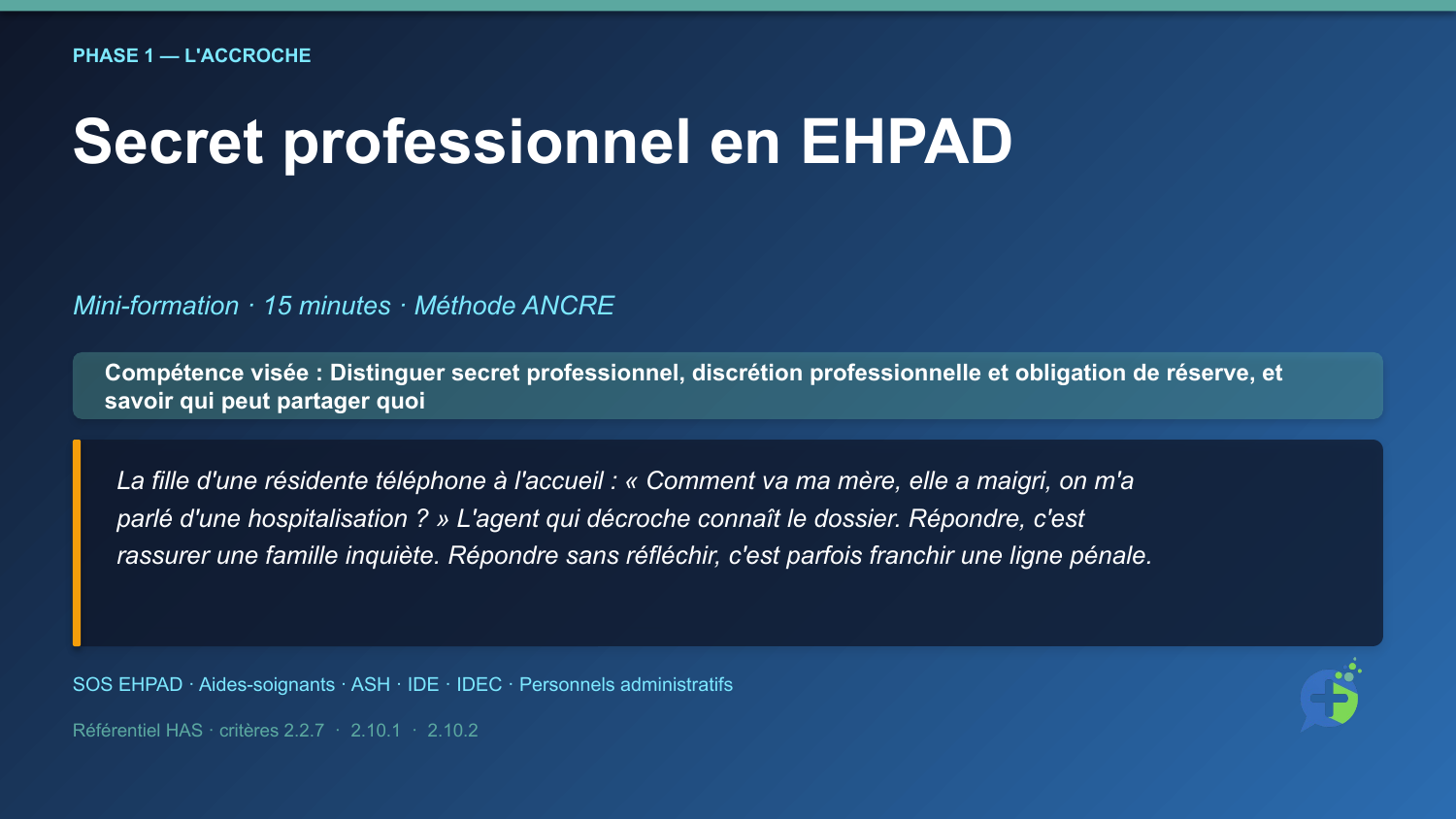 Diapositive d'ouverture de la mini-formation Secret professionnel en EHPAD