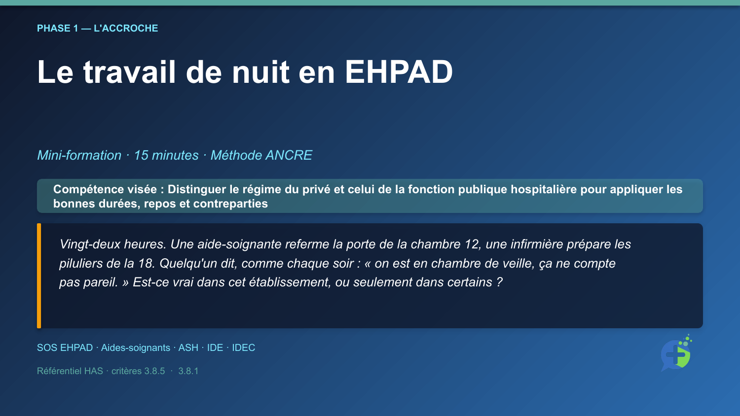 Diapositive d'ouverture de la mini-formation Le travail de nuit en EHPAD