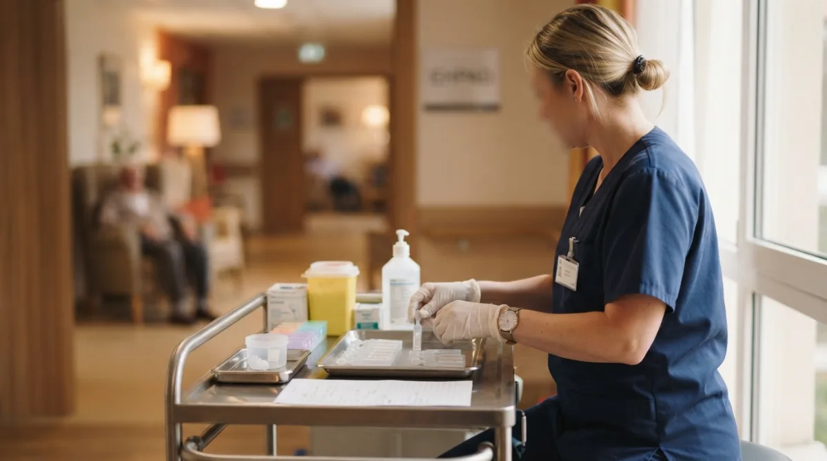Une infirmière prépare des collyres unidoses sur le chariot de soins en EHPAD