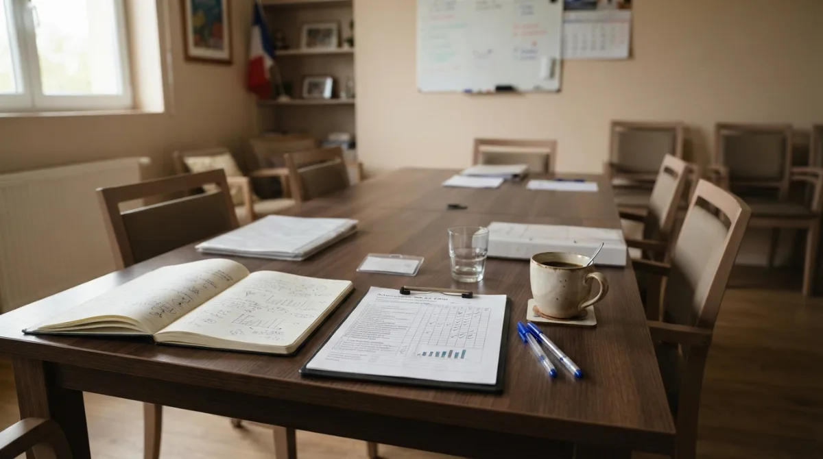 Réunion d'équipe en EHPAD : grille d'observation d'un épisode d'agitation posée sur la table