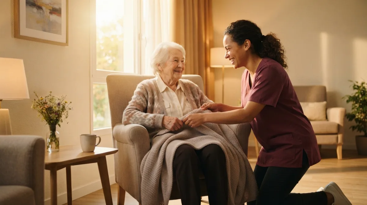 Une aide-soignante accompagne une résidente âgée dans une pièce ensoleillée d'un établissement pour personnes âgées
