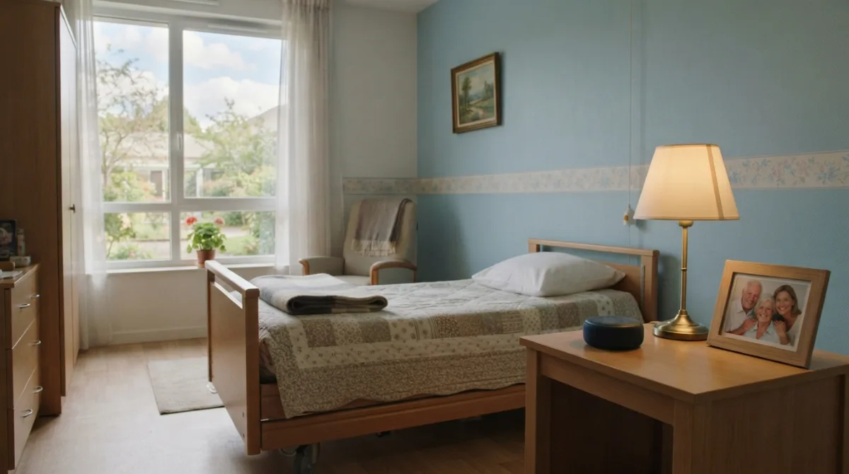 Enceinte connectée posée sur la table de chevet d'une chambre d'EHPAD