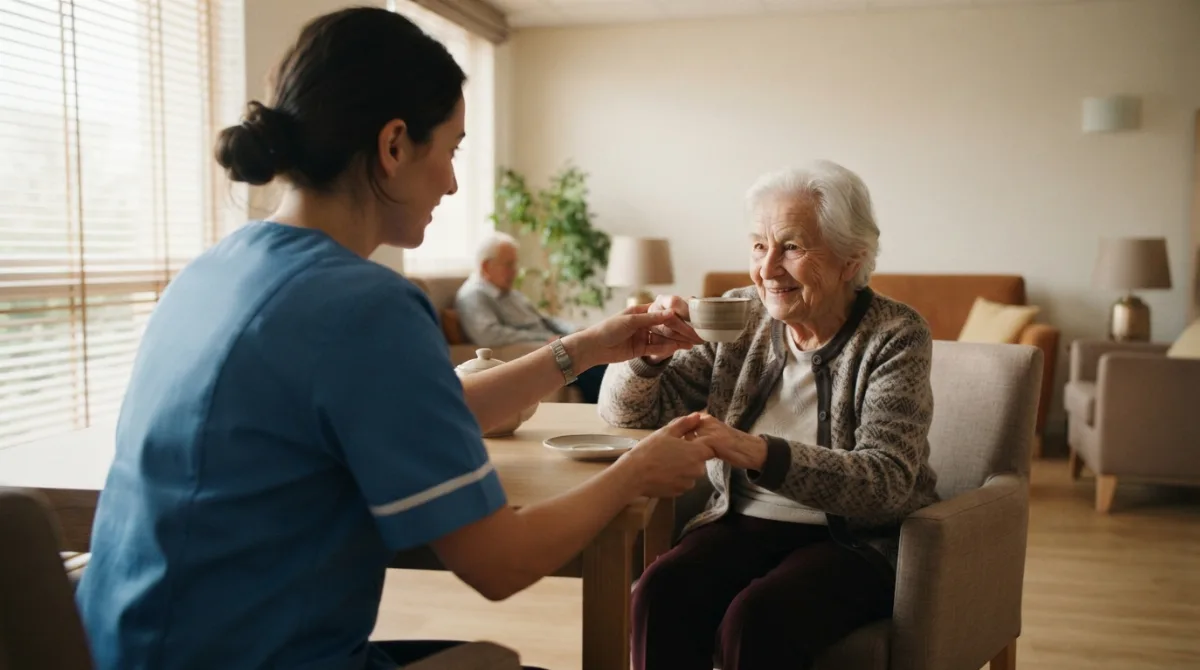 Soignante tendant une tasse à une résidente âgée souriante dans le salon d'un établissement pour personnes âgées