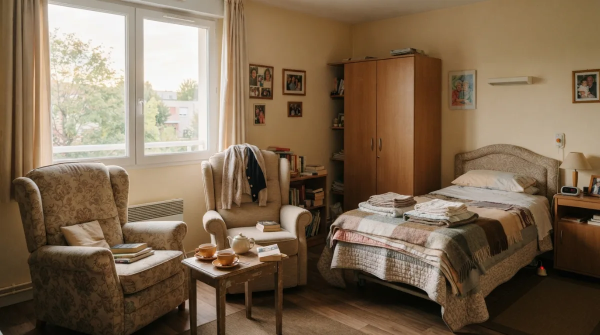 Chambre d'EHPAD aménagée pour un couple, deux fauteuils côte à côte