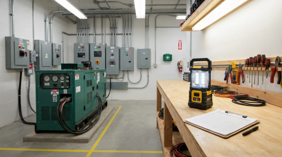 Local technique d'EHPAD avec groupe électrogène et tableaux électriques