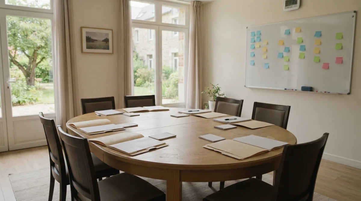 Salle de réunion d'un EHPAD préparée pour une réunion de coordination pluriprofessionnelle