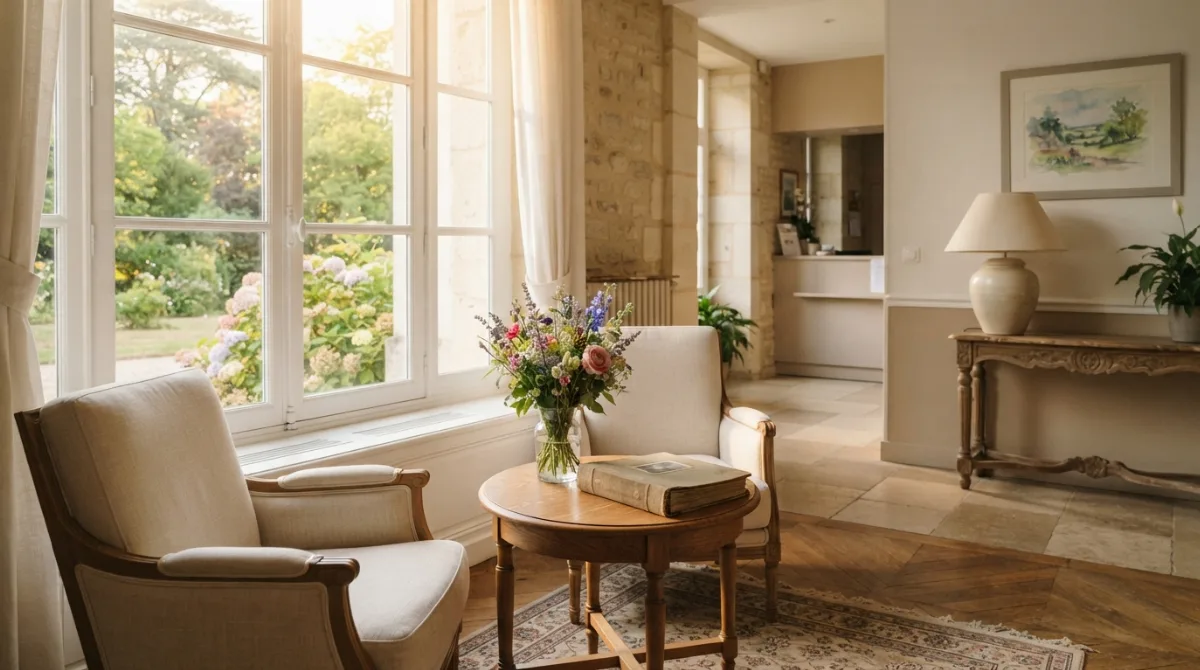 Coin d'accueil lumineux avec fauteuils et fleurs à l'entrée d'un EHPAD