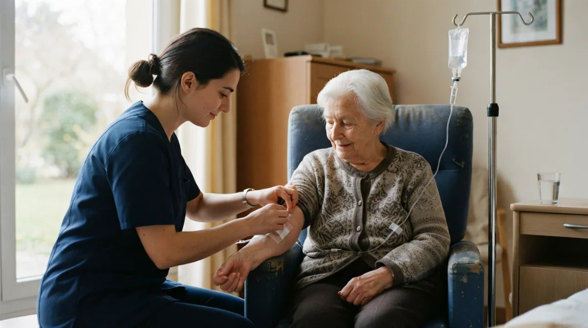 Hypodermoclyse en EHPAD : une infirmière surveille une perfusion sous-cutanée chez une résidente