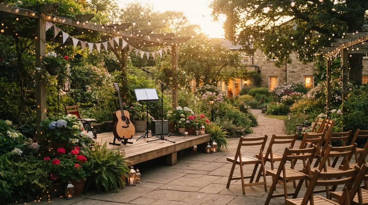 Terrasse d'un EHPAD décorée pour une soirée musicale ouverte sur le quartier