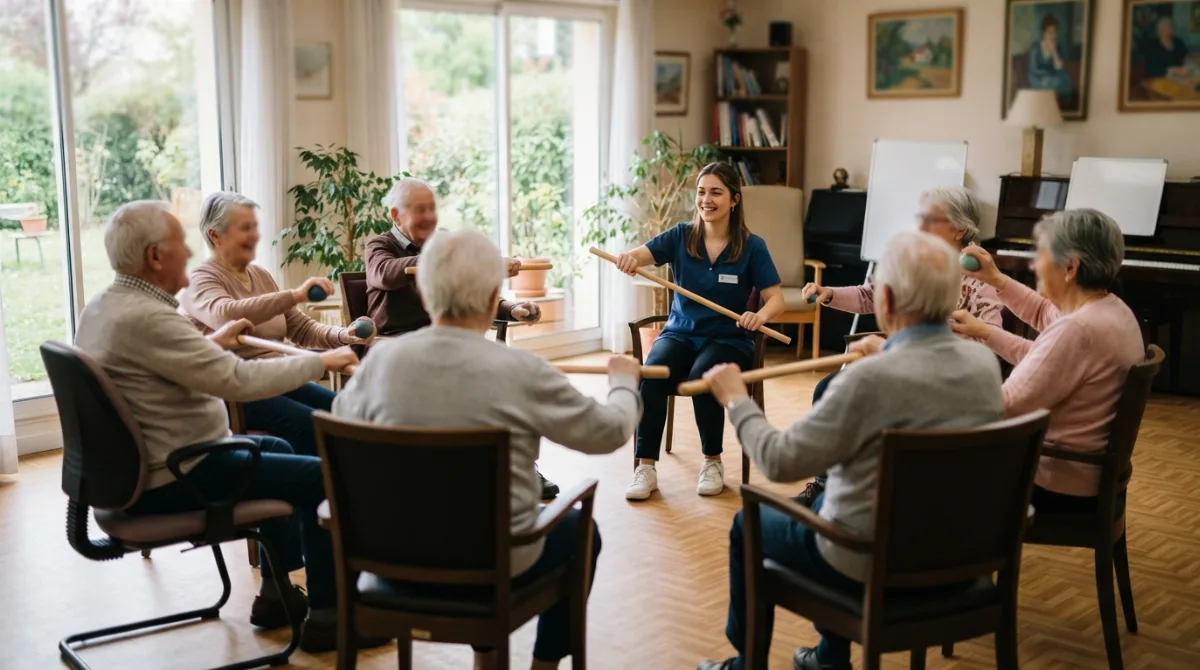Seance d'activite physique adaptee en groupe dans la salle d'animation d'un Ehpad