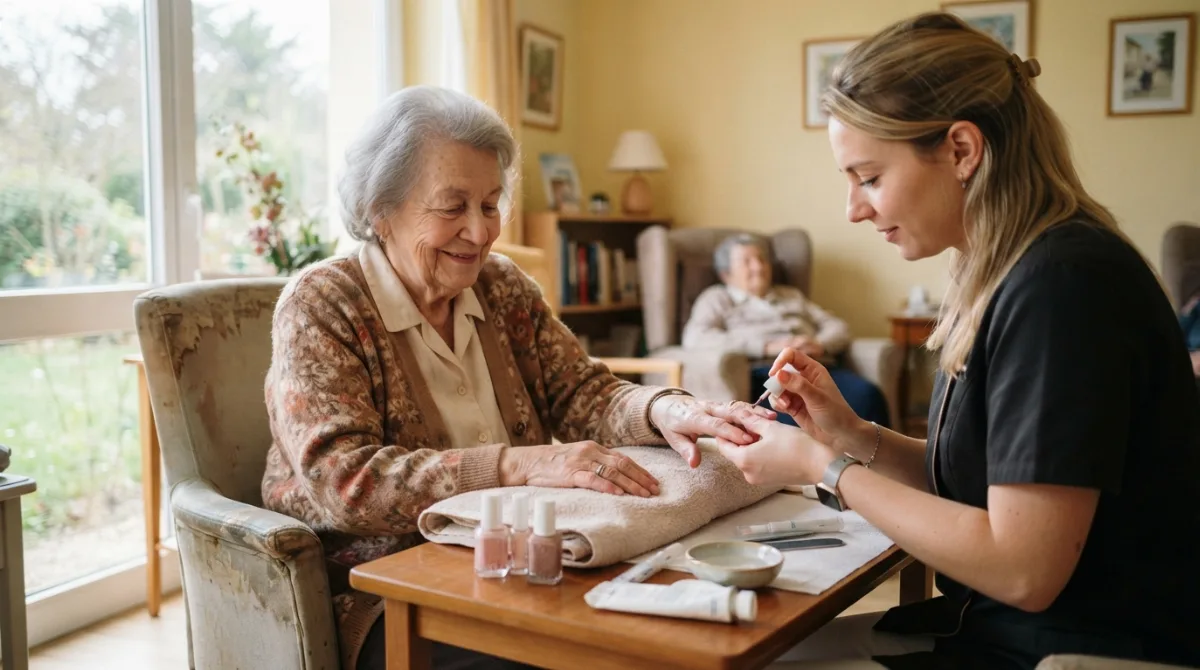 Soin des mains par une socio-esthéticienne auprès d'une résidente d'EHPAD
