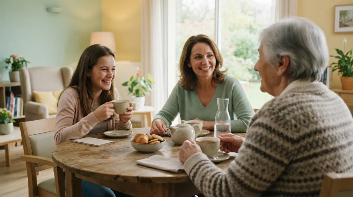 Visite familiale dans le salon lumineux d’un Ehpad, trois générations partageant un thé