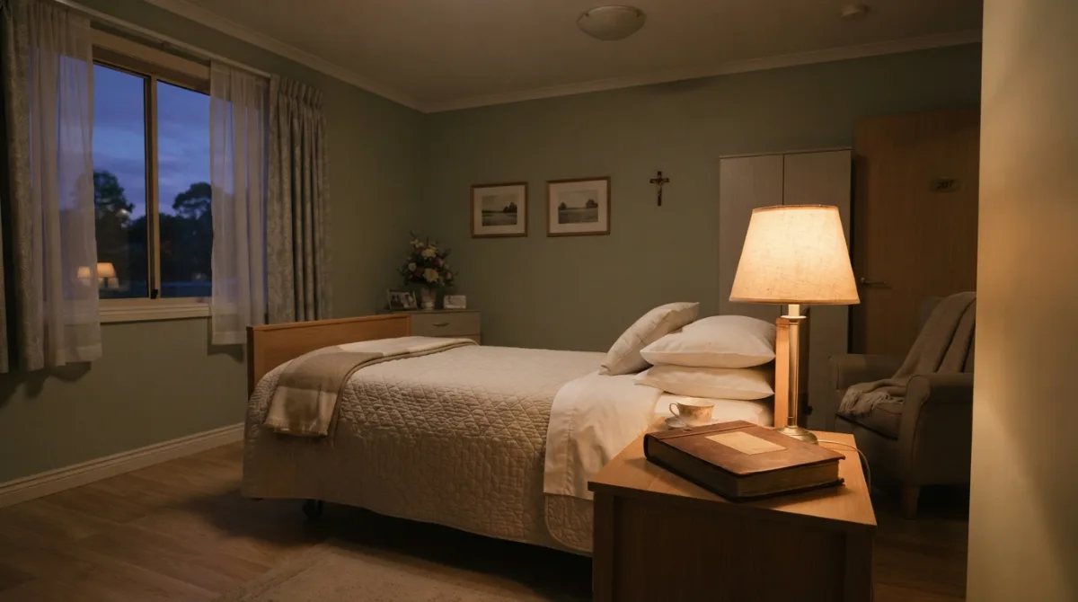 Chambre d'EHPAD au crépuscule, éclairée par une lampe de chevet