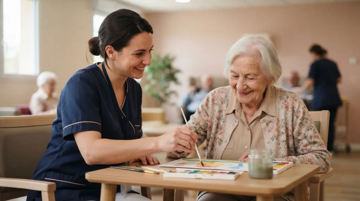 Une soignante accompagne une résidente âgée dans un EHPAD, sous un éclairage doux