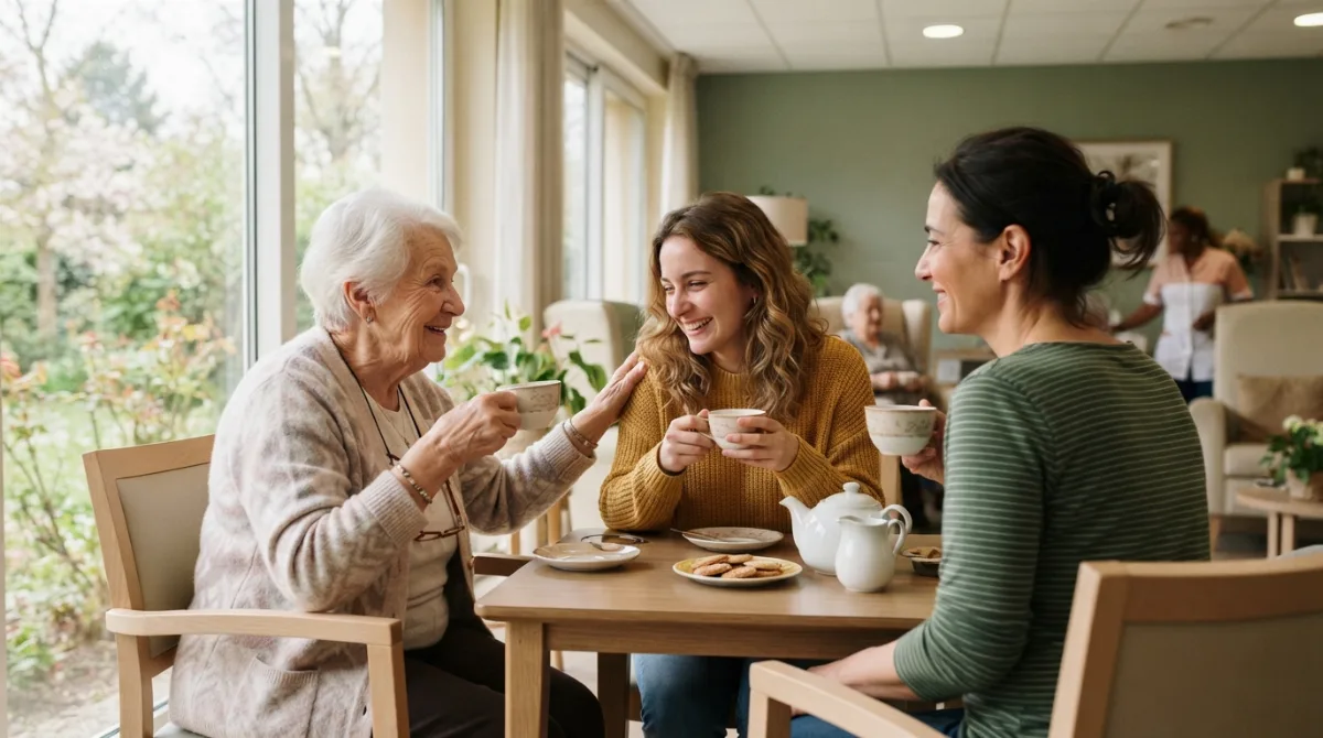 Trois générations partagent un thé lors d’une visite familiale dans le salon lumineux d’un EHPAD