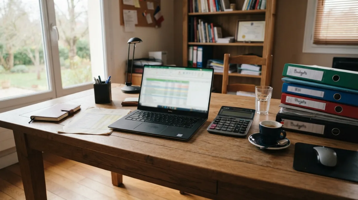 Bureau de direction avec documents budgétaires et calculatrice