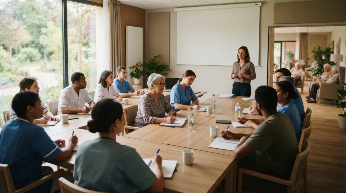Professionnels de santé suivant une séance de formation dans une salle lumineuse d’un EHPAD