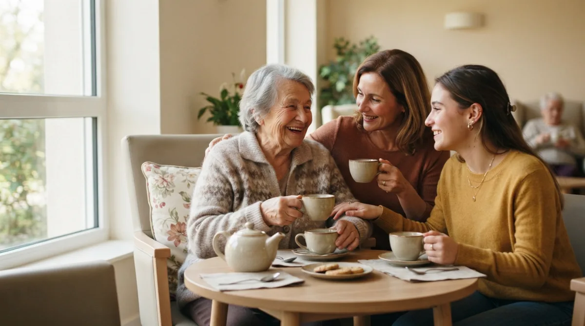 Visite familiale dans un salon lumineux d'EHPAD, trois générations autour d'un thé