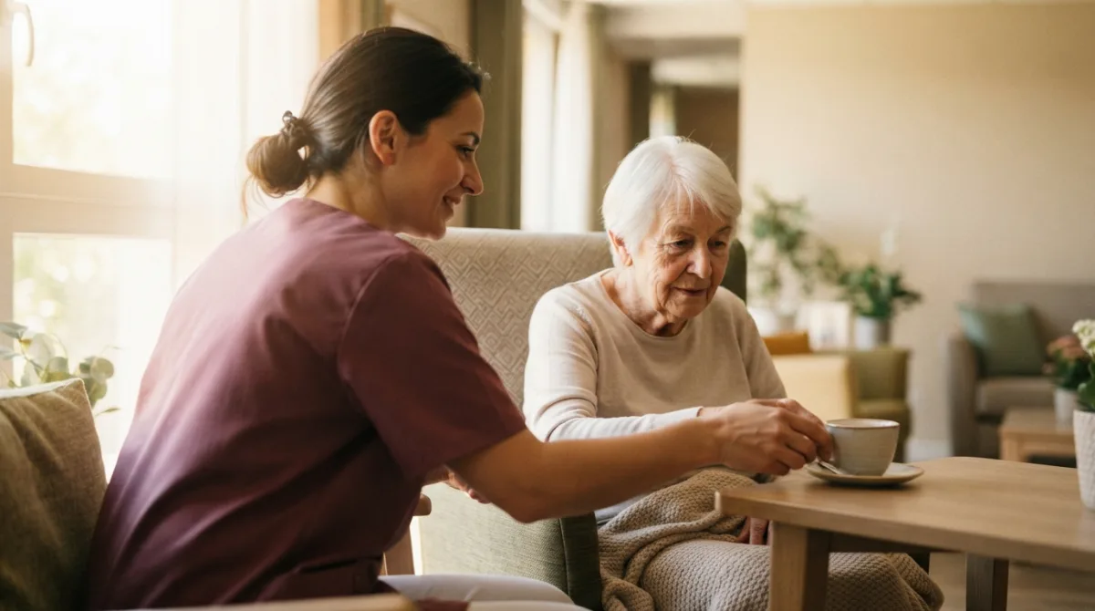 Soignante accompagnant avec attention une résidente âgée dans un EHPAD chaleureux