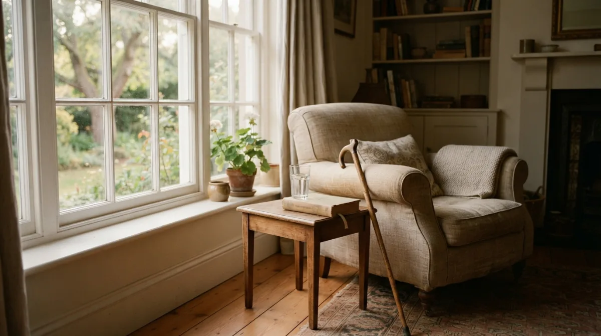 Fauteuil près d'une fenêtre avec une canne et un verre d'eau